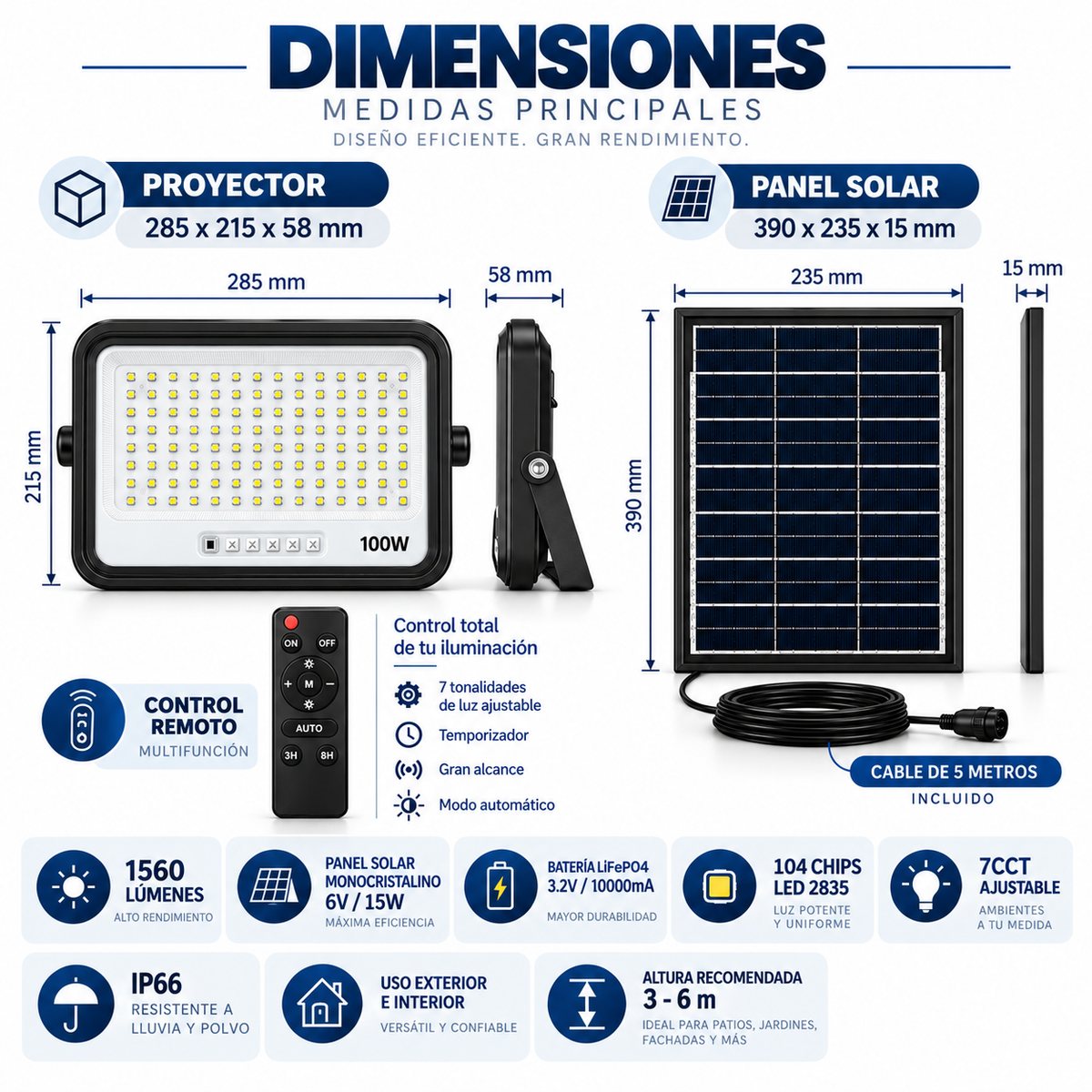 Proyector LED 100W con Panel Solar Independiente + Cable 5MT