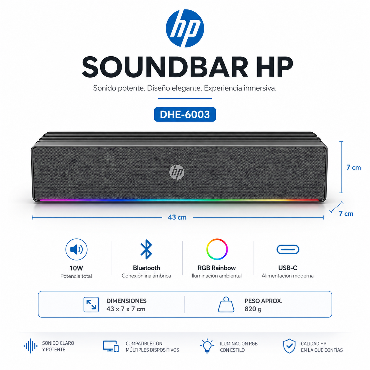 Soundbar HP Multimedia Stereo con Luces Rgb 6 Watts DHE-6003