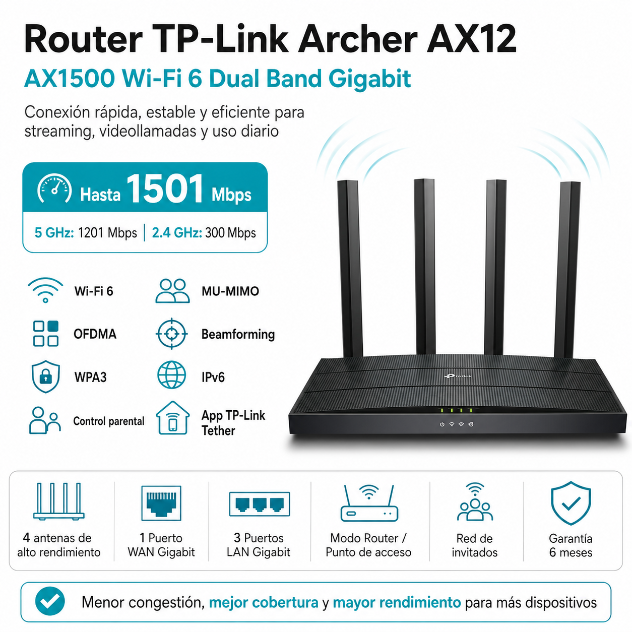 Router TP-Link Wifi 6 Dual Band Archer AX12 AX1500 Streaming