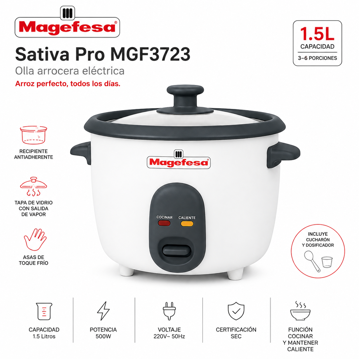 Olla Arrocera Eléctrica Magefesa 1.5L Sativa Pro MGF3723 WH