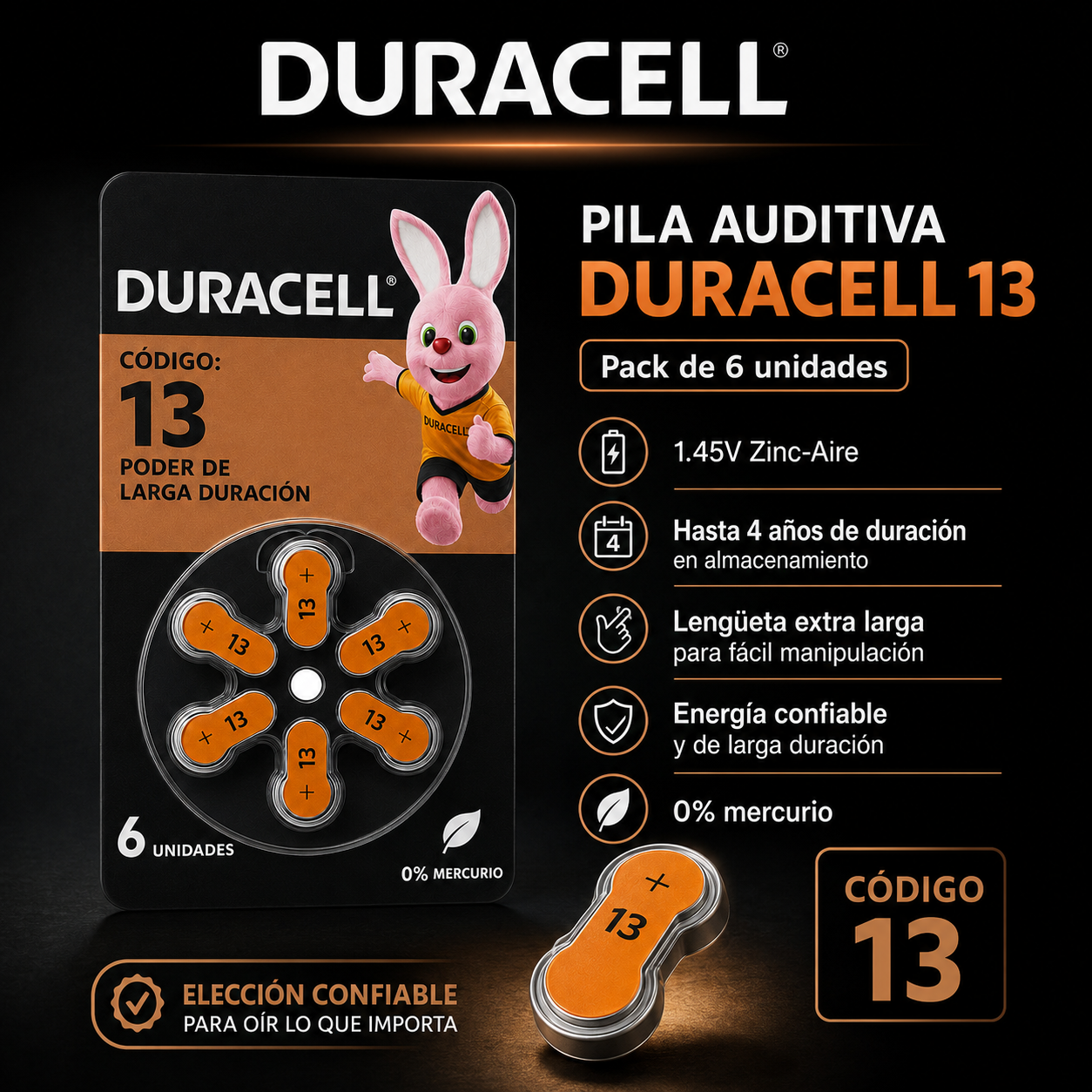 Pila Duracell 13 de Audiología de Larga Duración (Pack de 6)