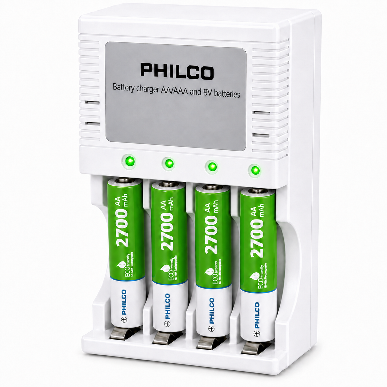 Cargador De Pilas + 4 Pilas AA 2700 mAh Pre Cargadas Philco