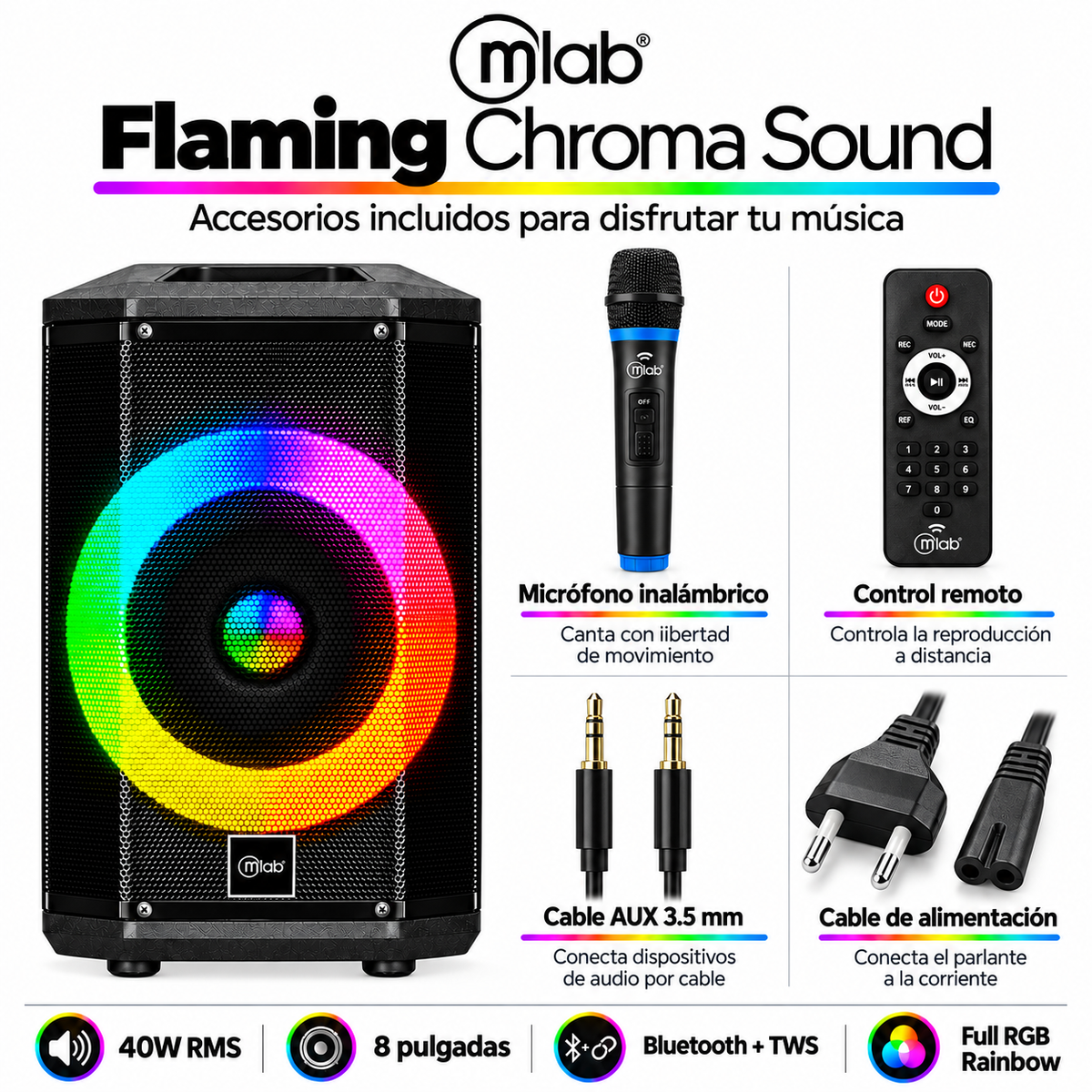 Parlante Bluetooth Flaming Chroma RGB 40W RMS c/Mic Wireless