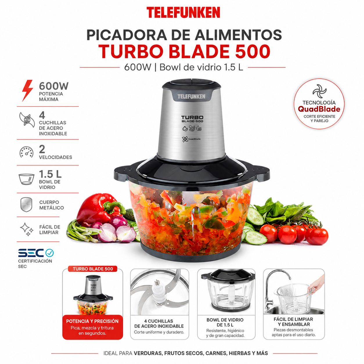 Picadora de Alimentos Turbo Blade 600W Bowl Vidrio 1.5 LT