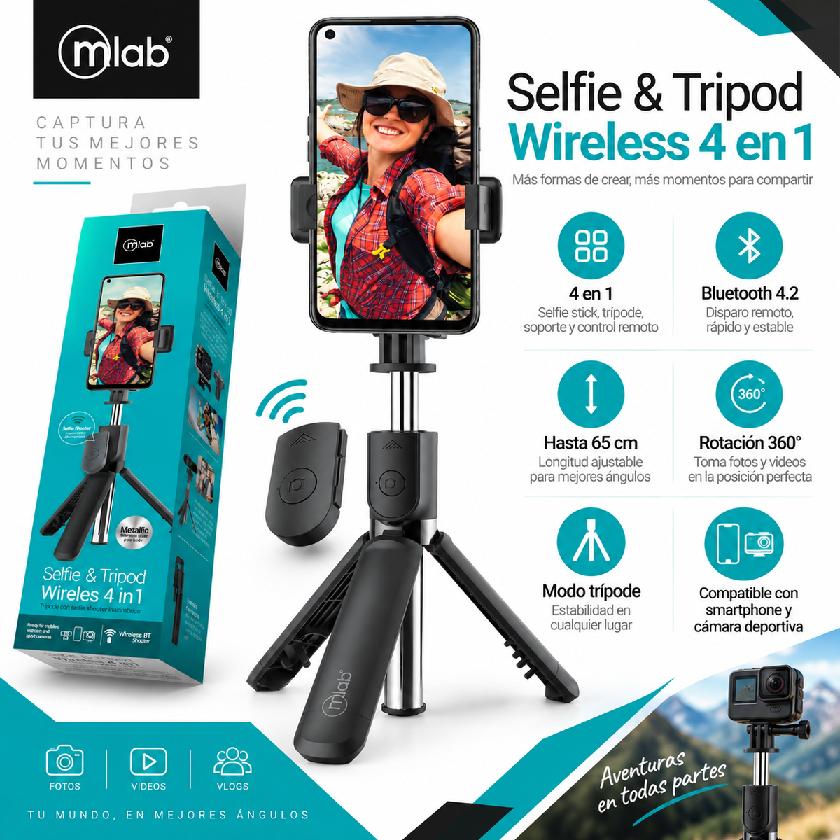 Soporte Kit Selfie Tripode Bluetooth (4en1) Multipropósito