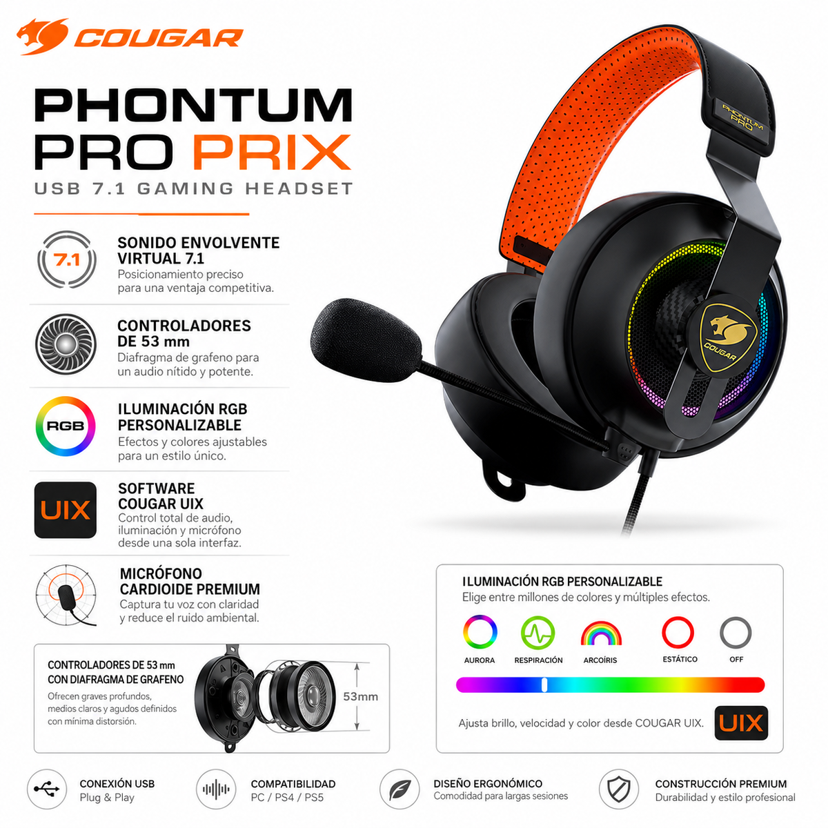 Audifonos Cougar Phontum Pro Prix USB 7.1 Multiplataformas
