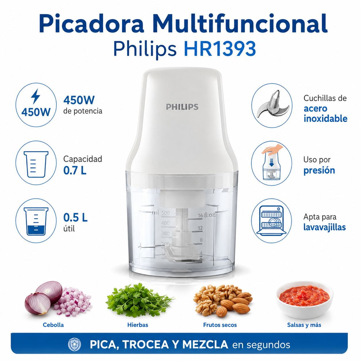 Picadora Philips HR1393 Multifuncional 700ML - 450W - Inox