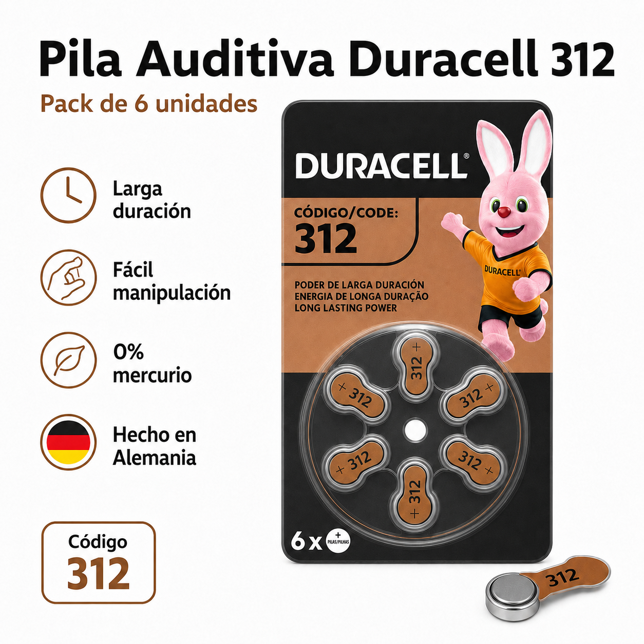 Pila Duracel 312 Auditiva - Pack de 6U Larga Duración
