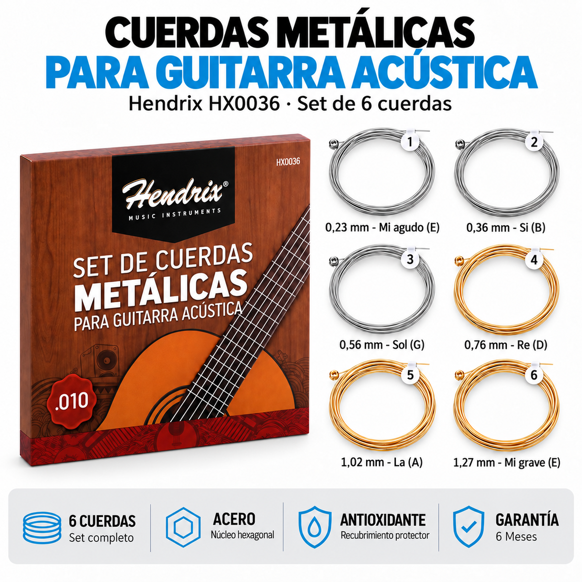 Cuerda De Guitarra Acustica Metalicas Hendrix Hx0036 Pro.