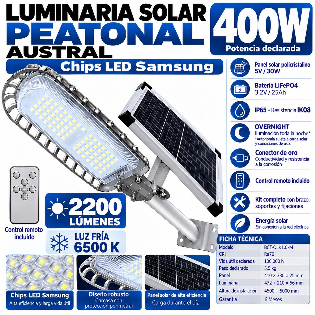 Luminaria Solar Peatonal Austral 400W con Panel de Alta Eficiencia