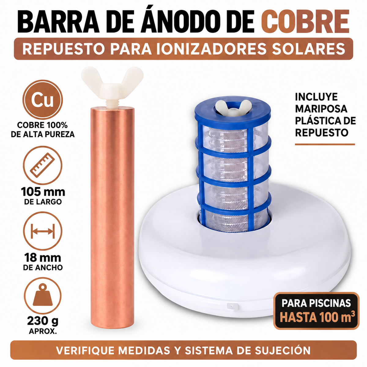 Repuesto de Cobre para Ionizador de Piscina 105x18mm Hasta 100m3 / 230g