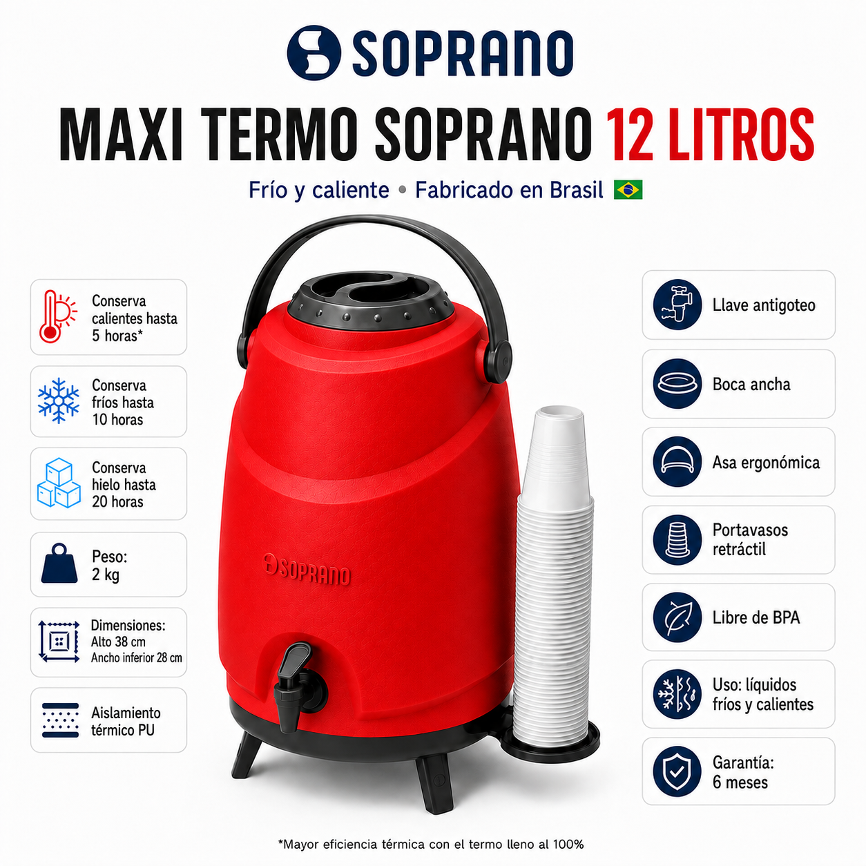 Maxi Termo 12 Litros Soprano Rojo para Agua Fria y Caliente