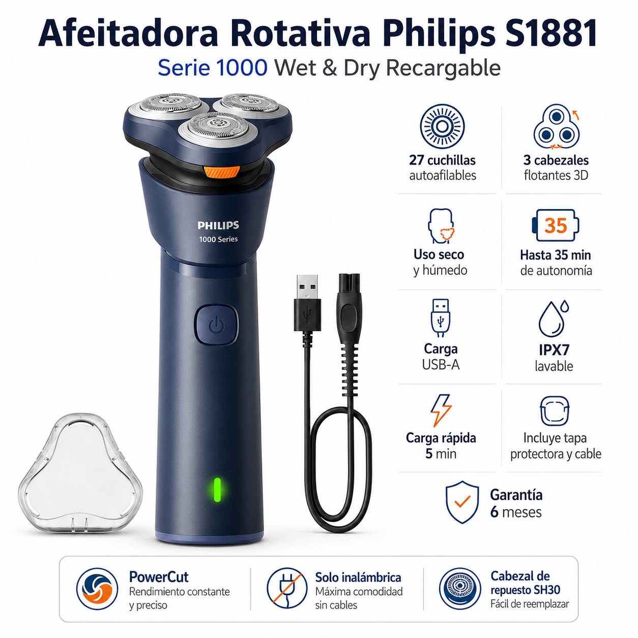 Afeitadora Autoafilable Philips Wet&Dry Recargable USB s1881