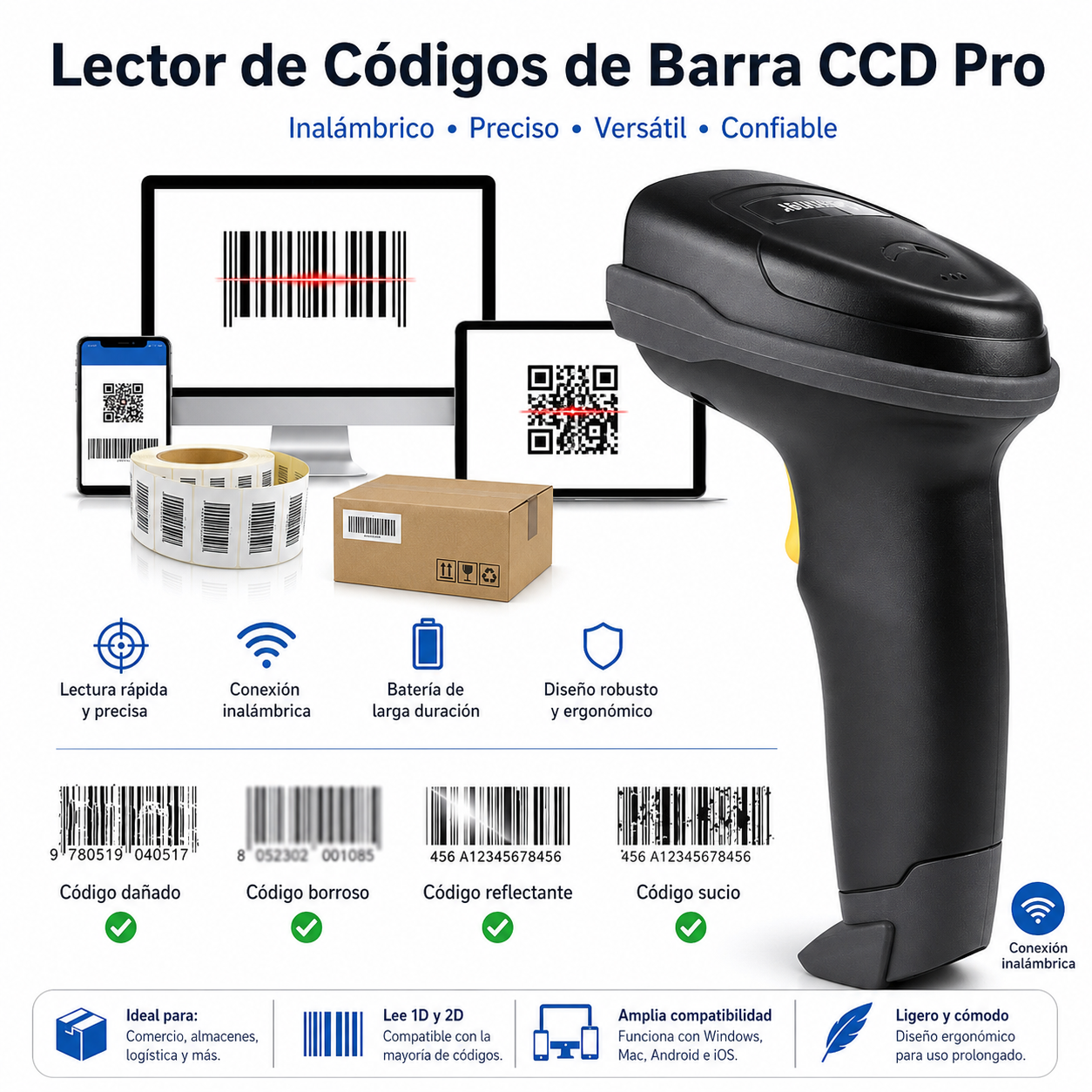 Lector de Códigos de Barra Inalámbrico CCD 2.4G Recargable