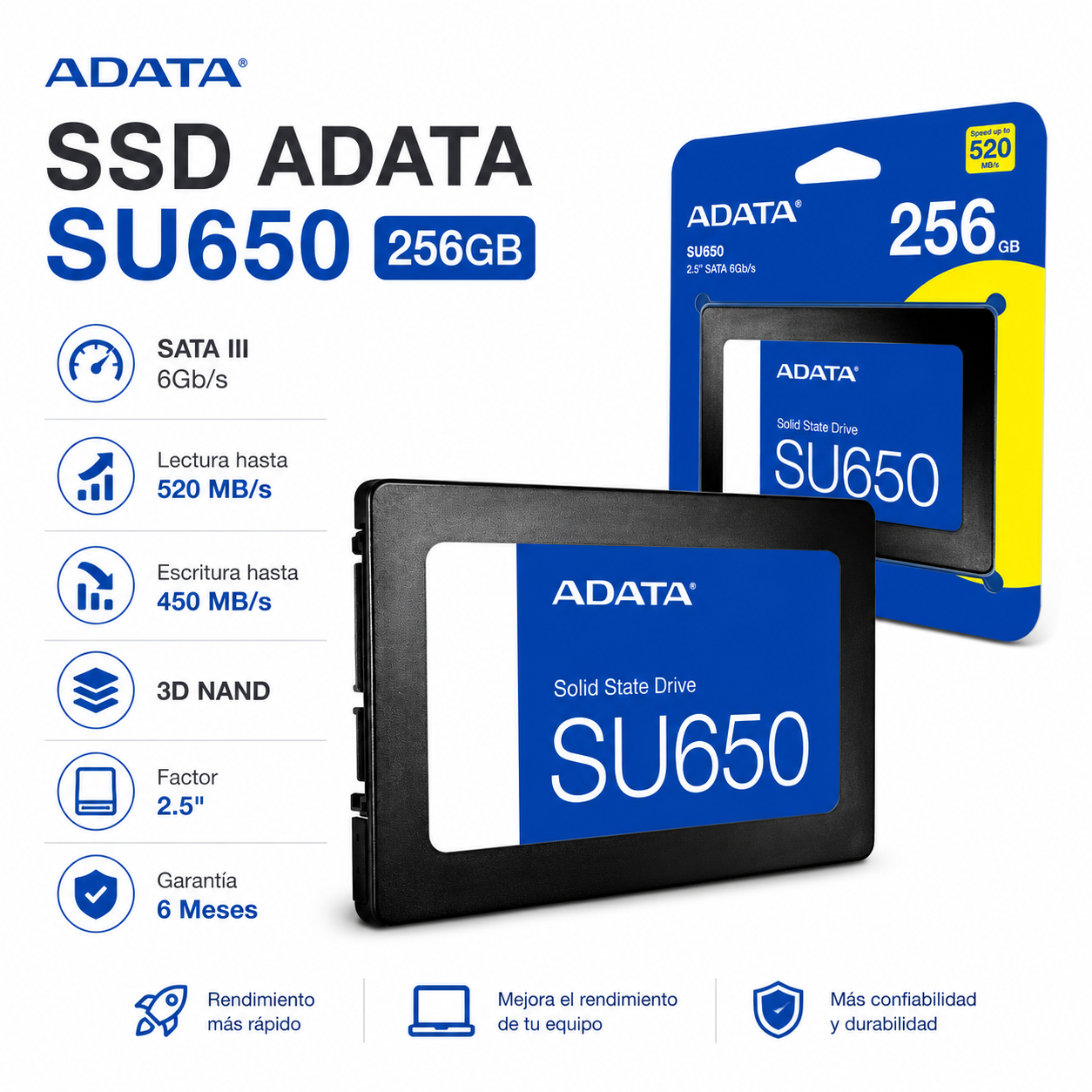 Disco Solido SSD ADATA 256GB 2.5” SU650 GT-R 3D NAND 520MB/s