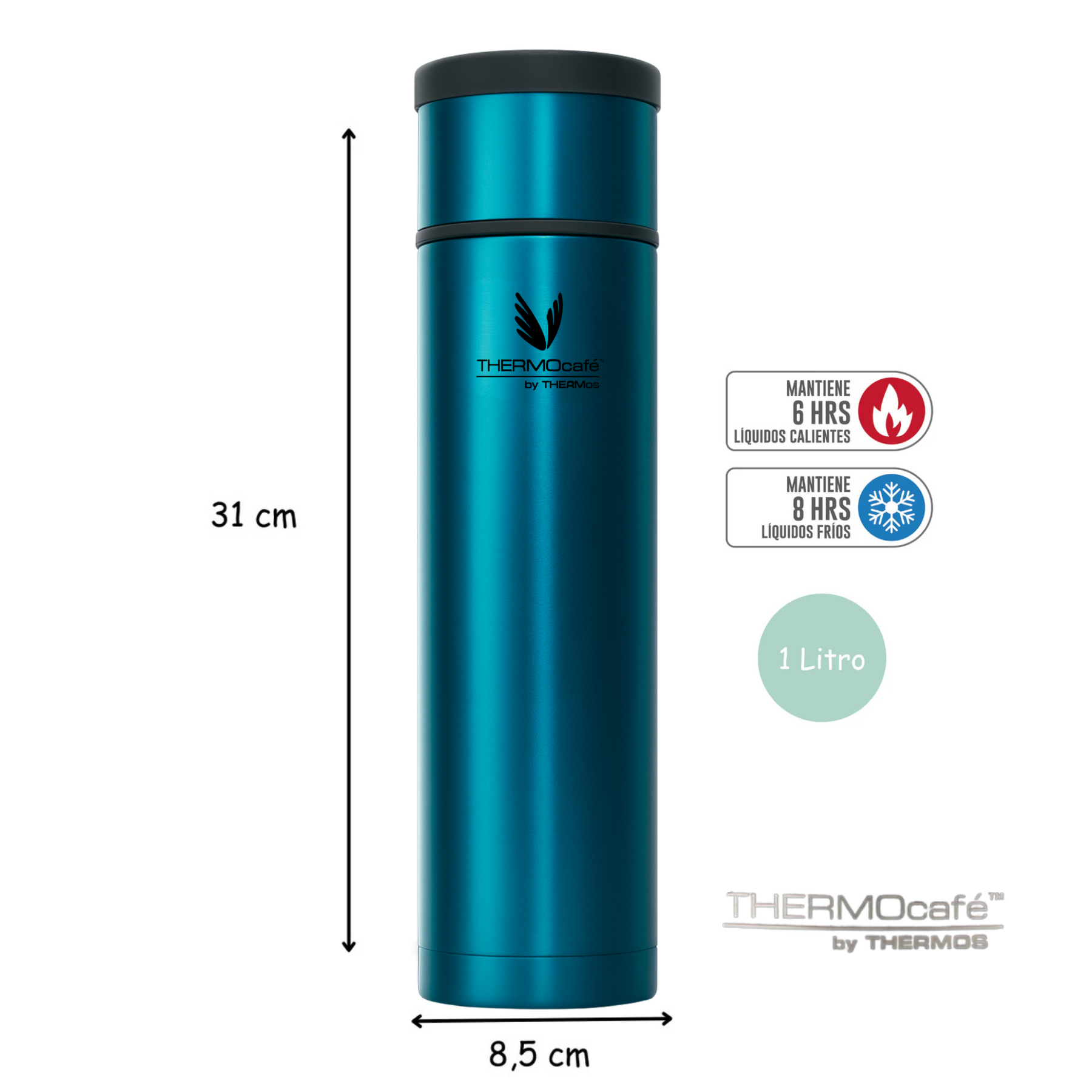 Termo Premium de Acero Inoxidable 1L Azul Metalizado 12H/24H