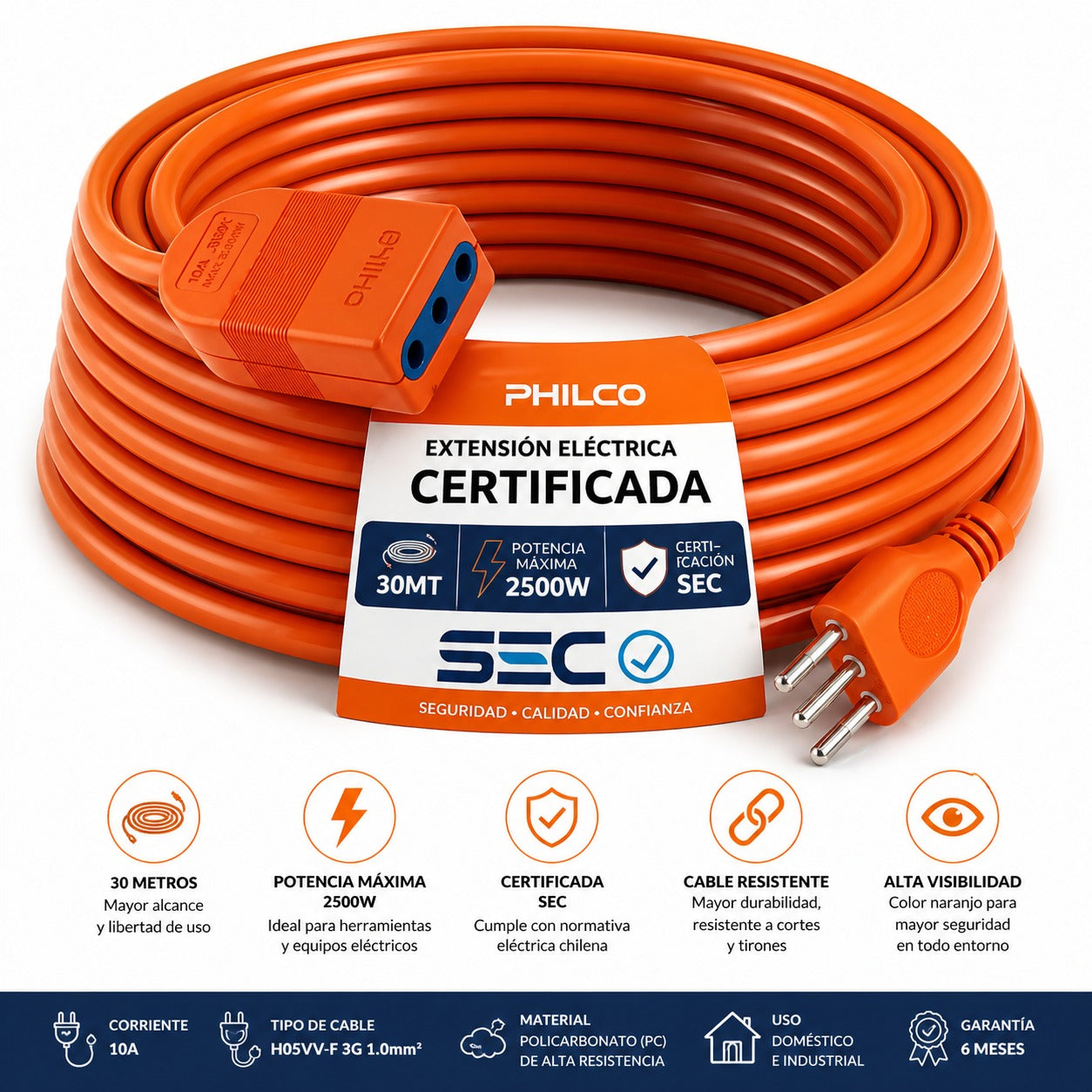 Extensión Eléctrica 30 Metros SEC XT49/ 2500W/ 10A Naranjo