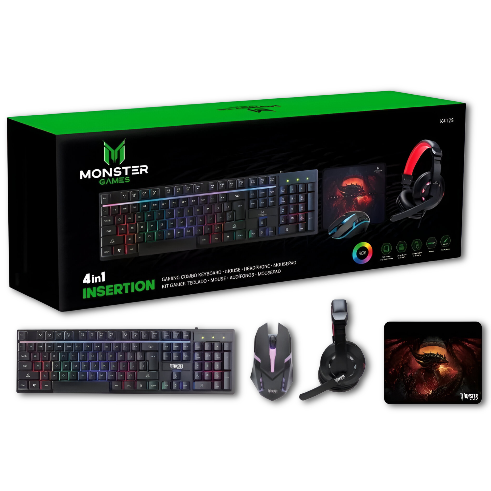 Kit Pro Gamer Mouse Teclado RGB Audifonos y Mouse Pad K4125