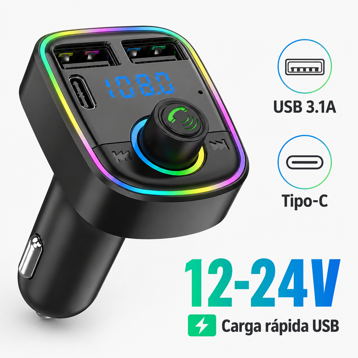 Transmisor FM Bluetooth + Puerto Quick Charge 20W 12/24V RGB