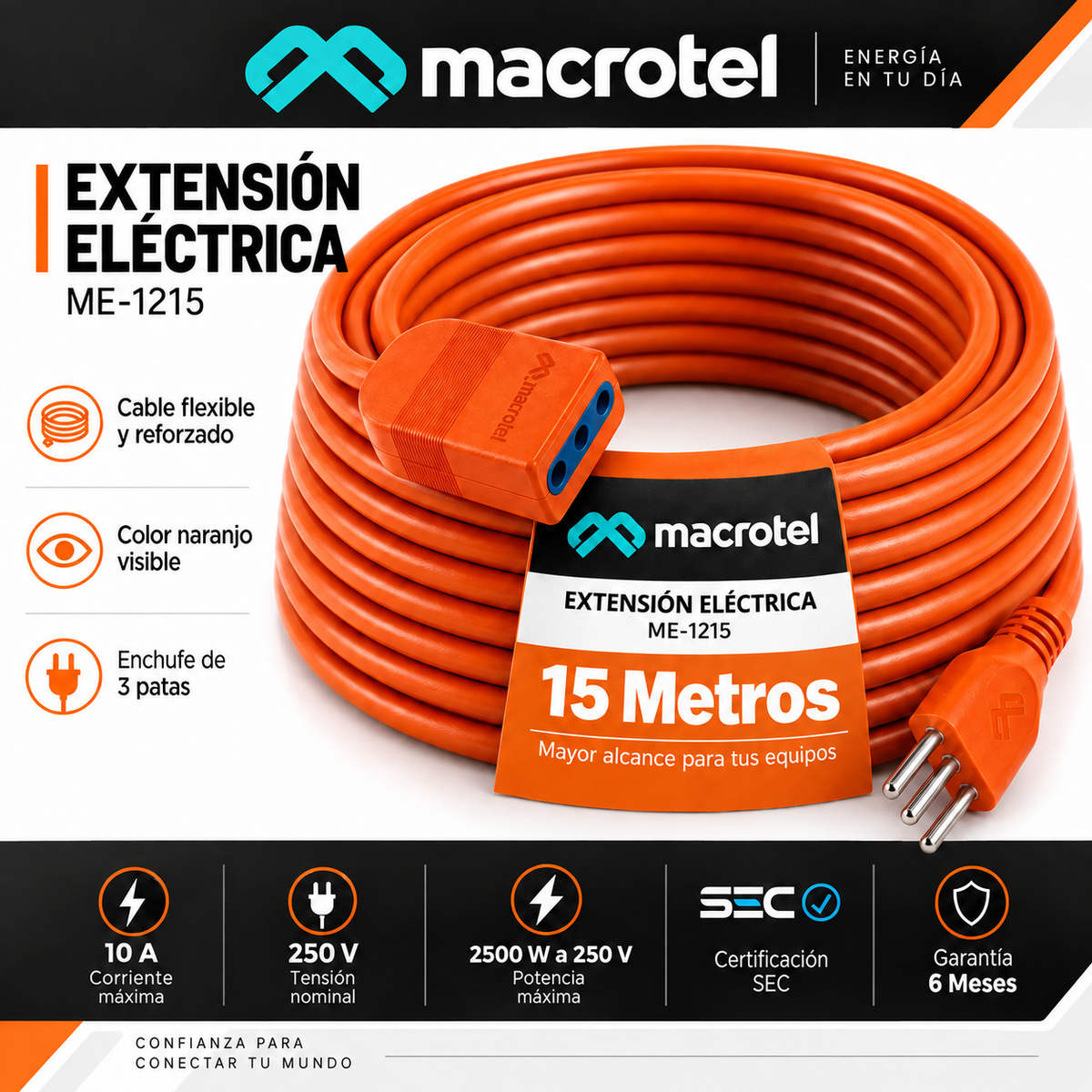 Extensión Eléctrica de 15 Metros Multipropósitos 2500W SEC