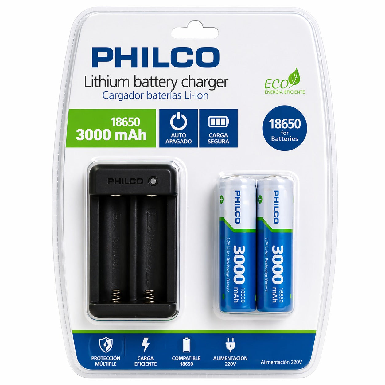 Pack de 2 Baterías 18650 3.000 mAh + Cargador 220V LT15