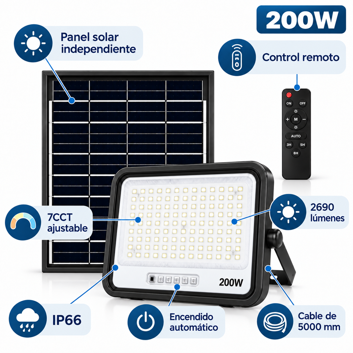 Proyector LED 200W con Panel Solar Independiente + Cable 5MT