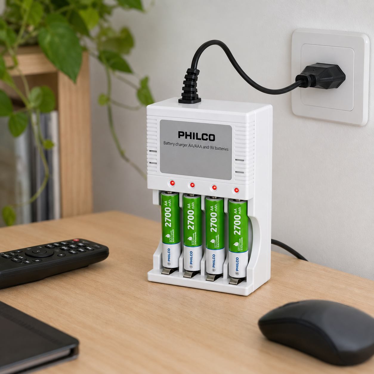 Cargador De Pilas + 4 Pilas AA 2700 mAh Pre Cargadas Philco