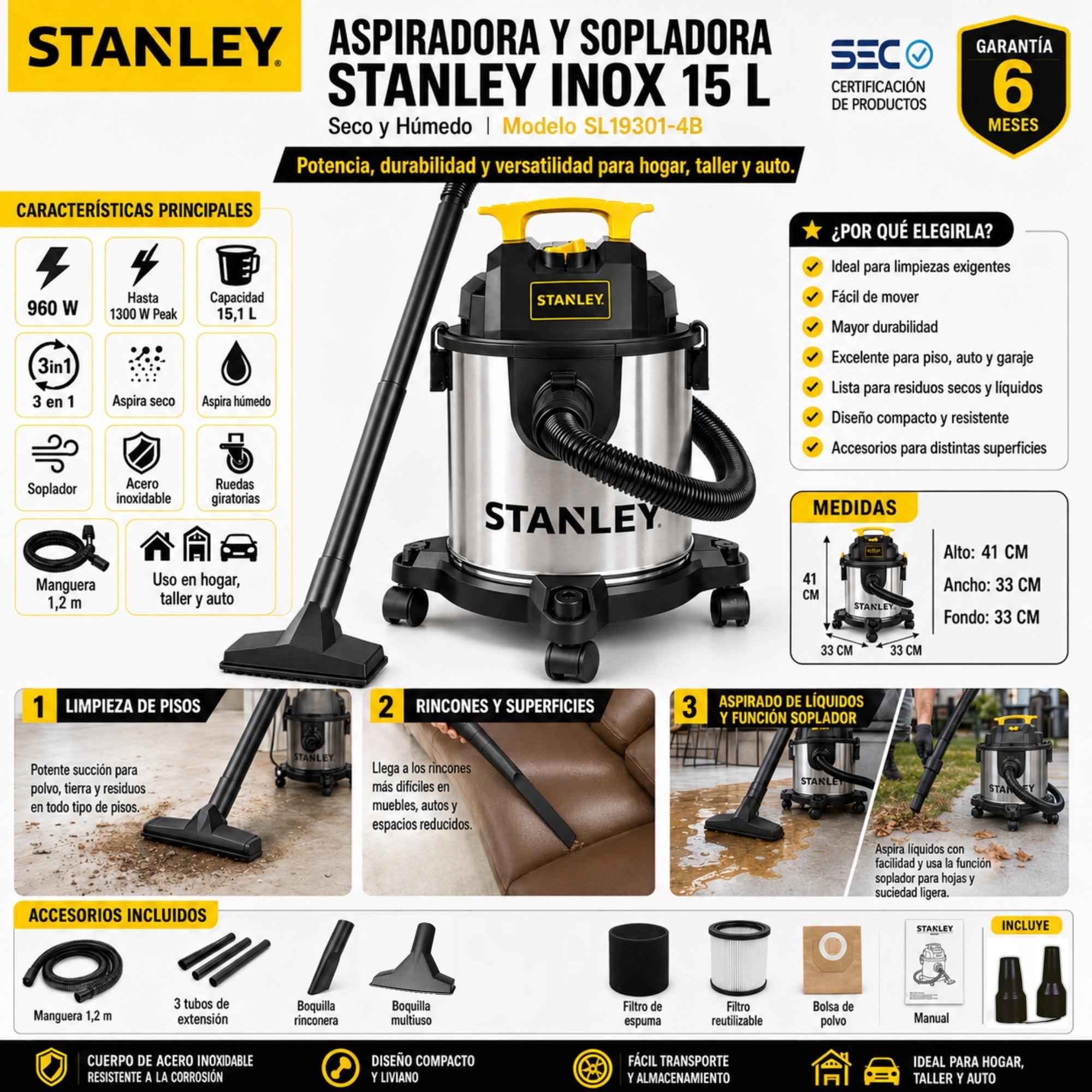 Aspiradora y Sopladora Stanley Inox 15LT 960W Seco y Humedo