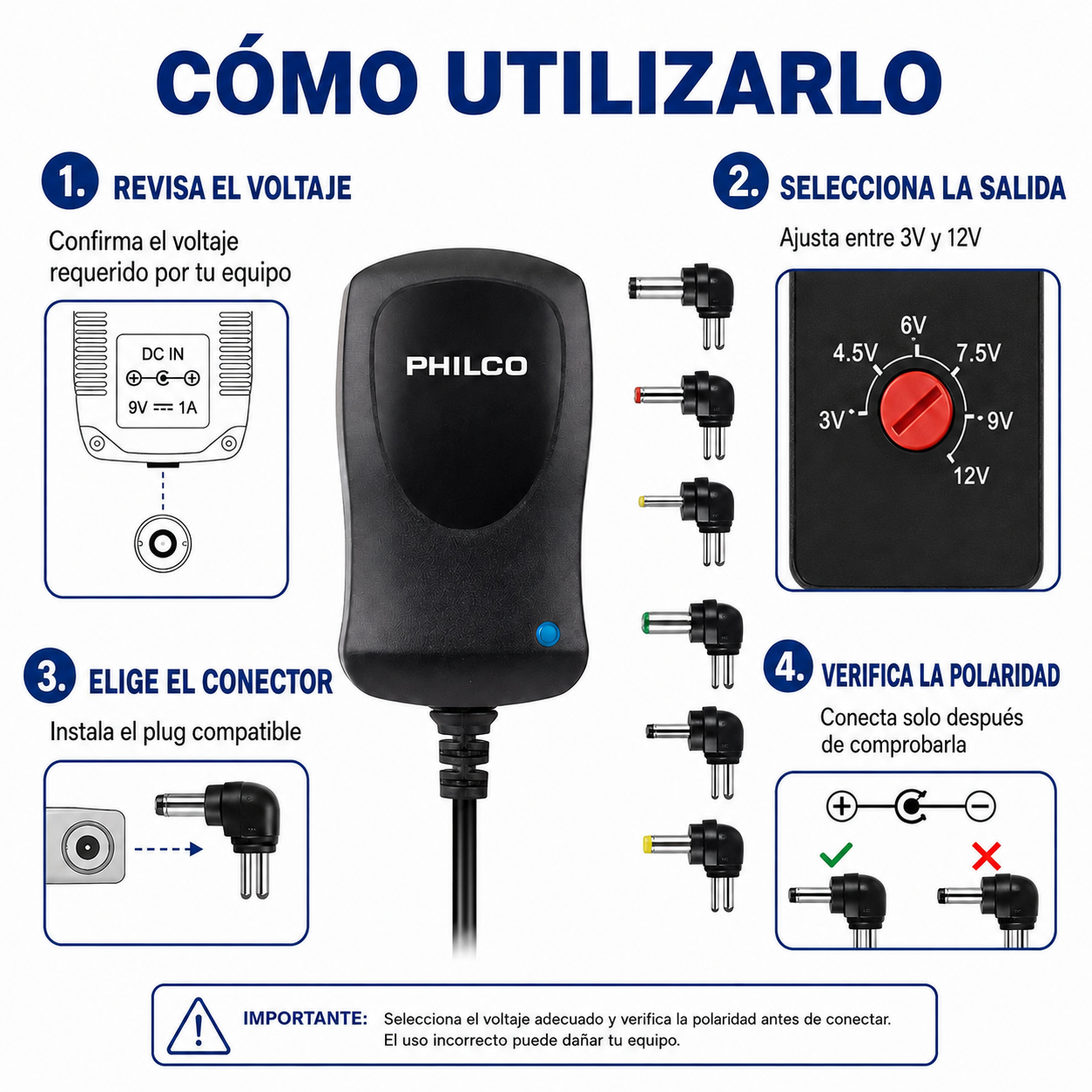 Transformador 12V Regulables 1.2A / 15W + 6 Plug Universales