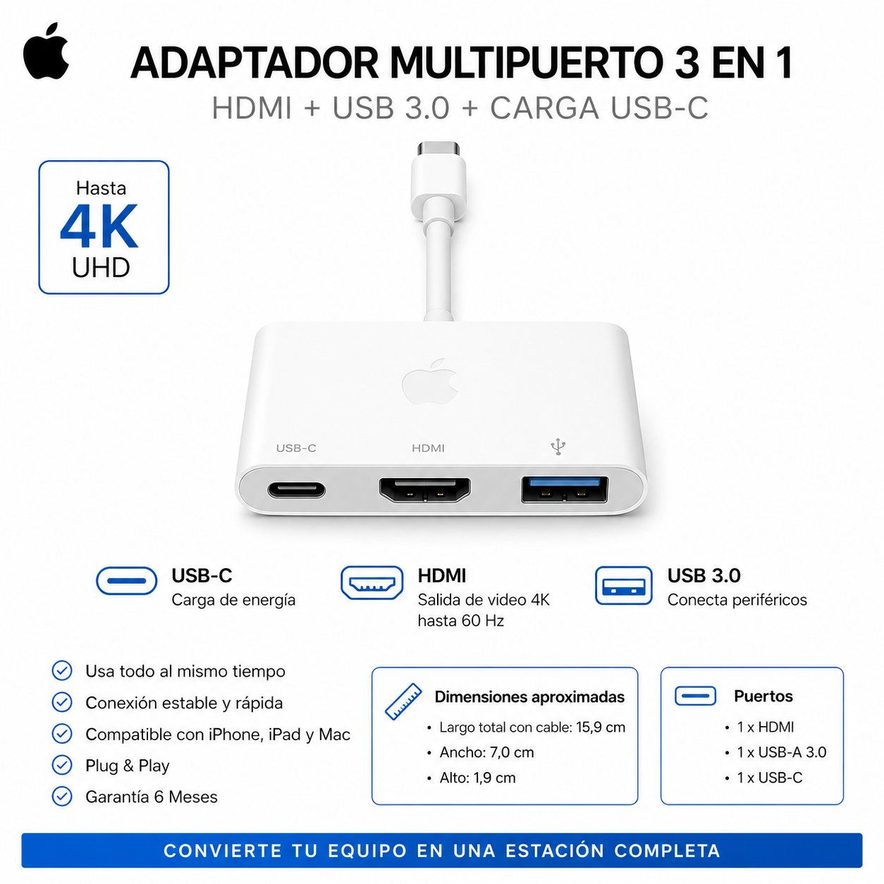 Adaptador Apple USB-C a HDMI 4K Multipuerto AV Digital