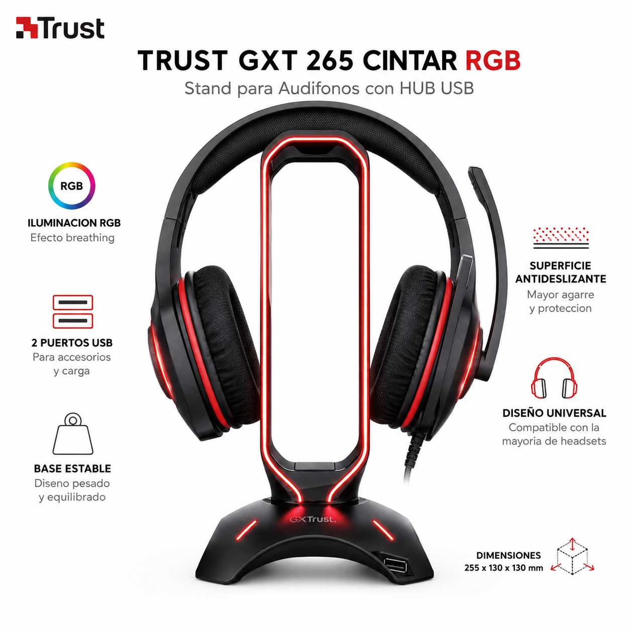 Soporte Stand Gamer RGB para Audífonos Trust Gxt 265 + HUB