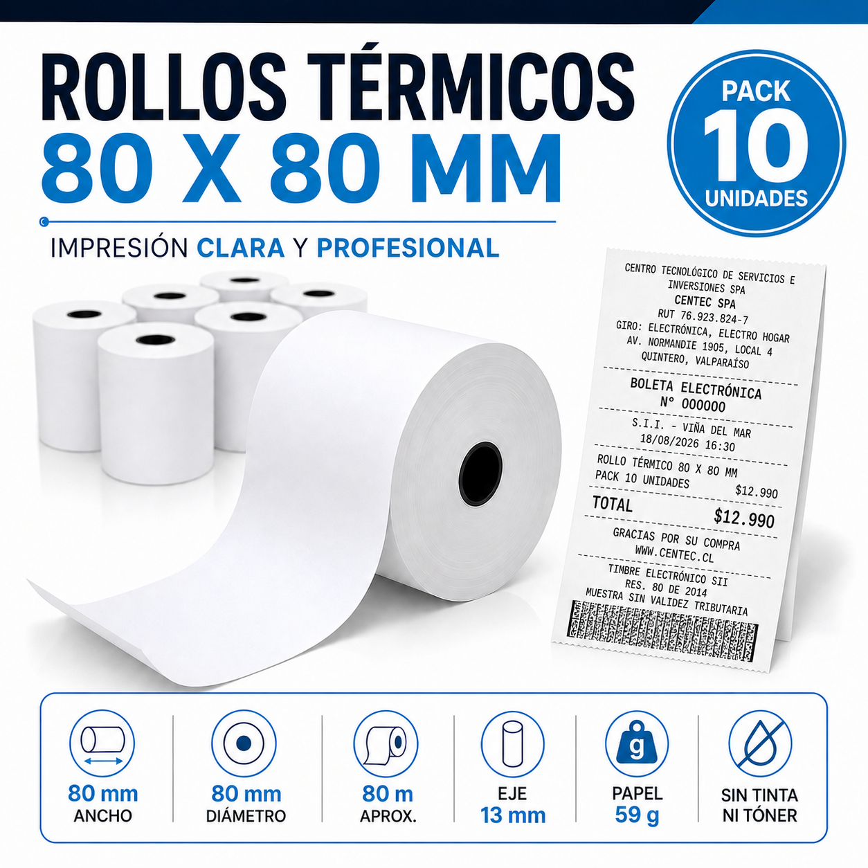 Rollo Térmico 80X80mm (Pack 10 Unidades) Premium Quality 59G