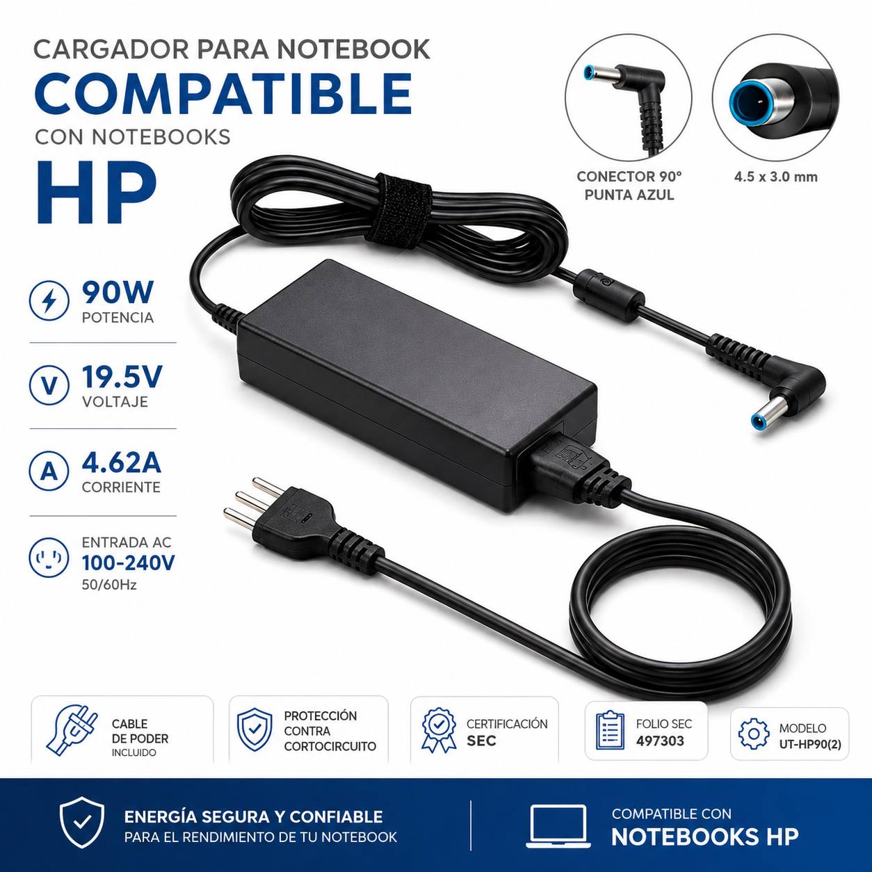 Cargador Notebook Para HP 19.5V 4.62A P.Azul 4.5*3mm 90W SEC