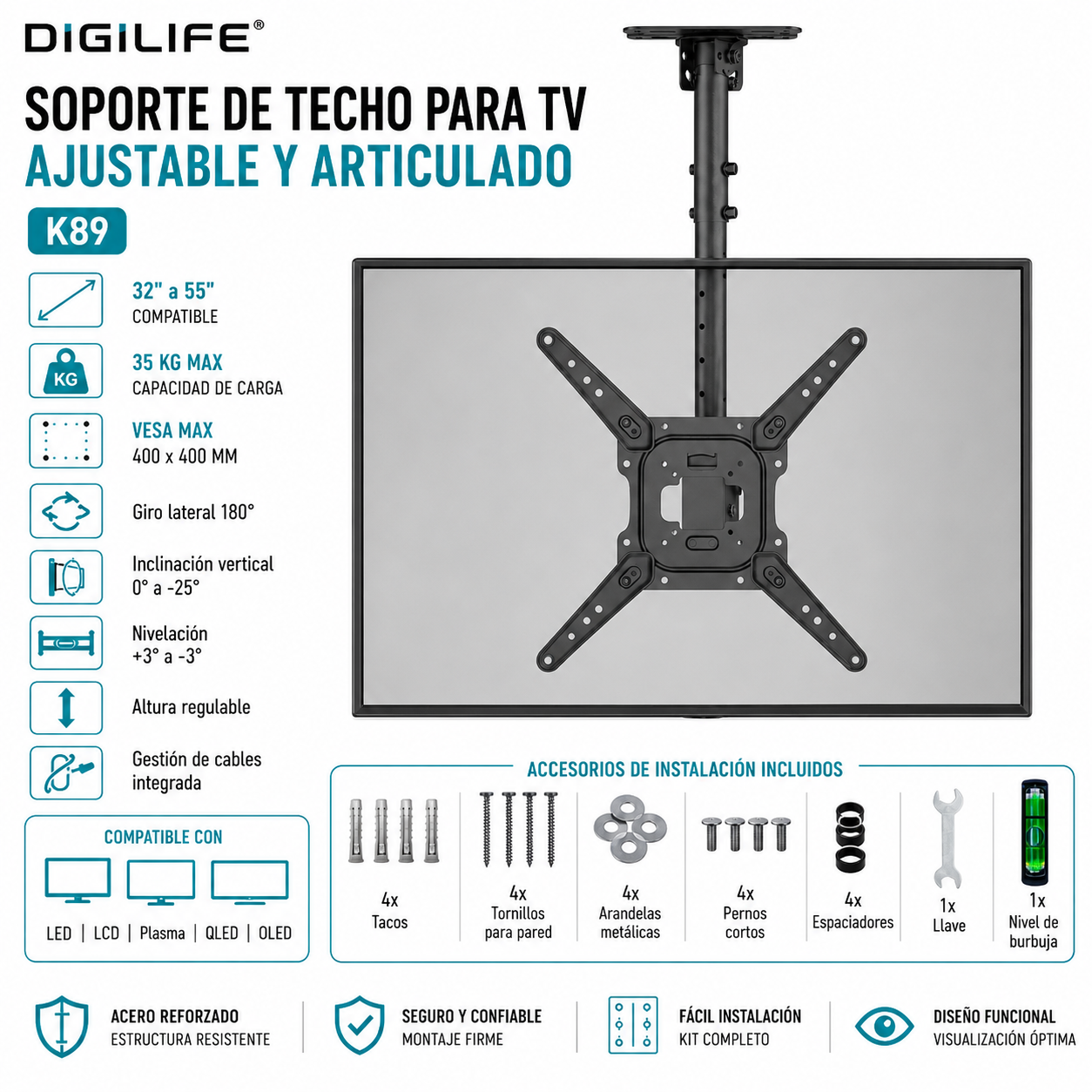 Soporte de TV de 32" a 55" para Techo de Acero Reforzado K89