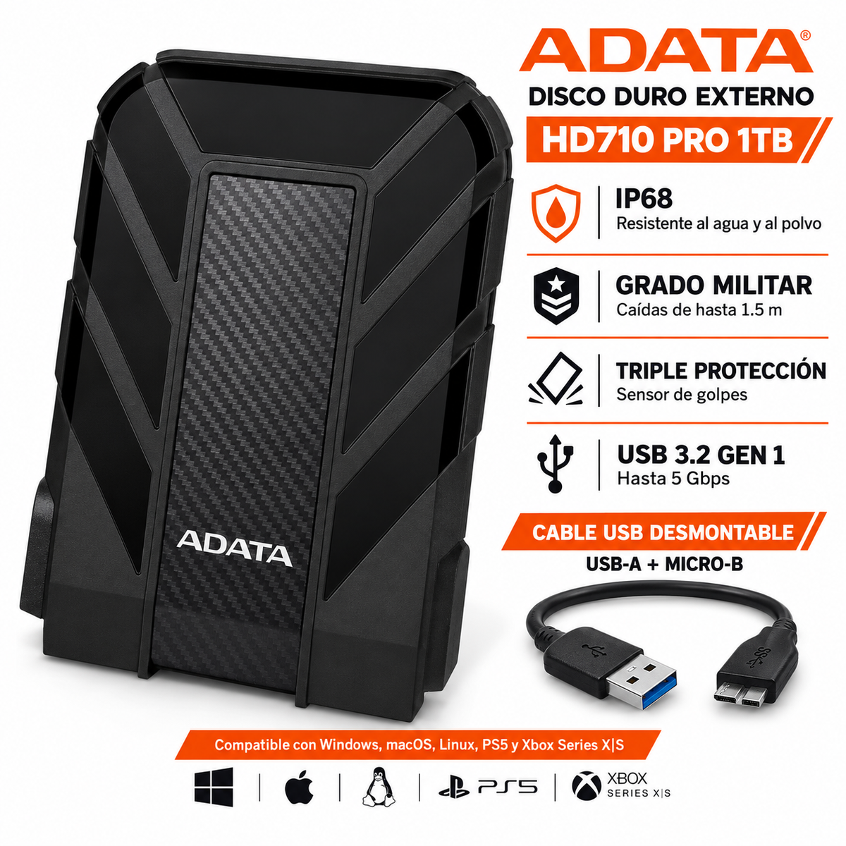 Disco Externo Adata 1Tb AntiGolpes/Waterproof HD710PRO Black