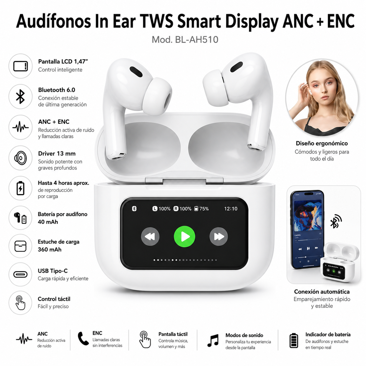 Audífonos In Ear TWS con Display LED Smart ANC Touch Edition