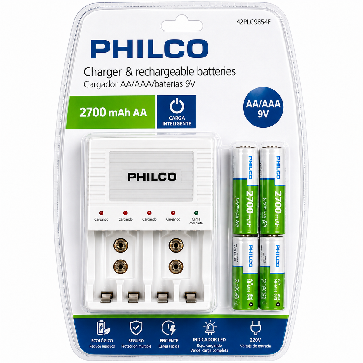 Cargador De Pilas + 4 Pilas AA 2700 mAh Pre Cargadas Philco