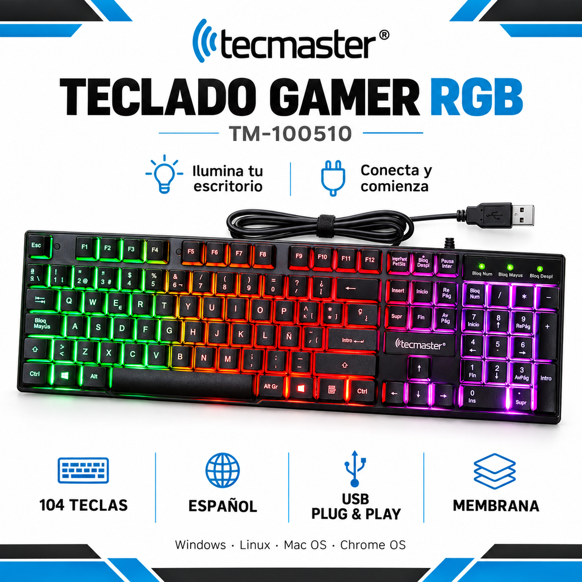 Teclado Gamer con Retro Iluminación RGB Tecmaster TM-100510