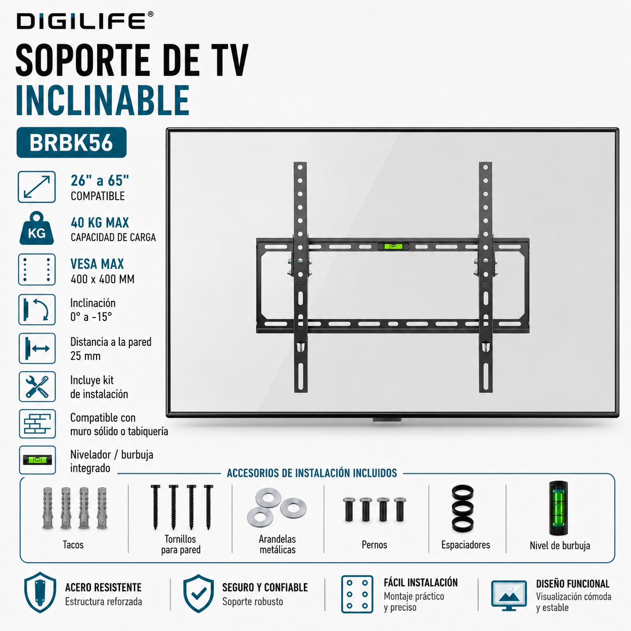 Soporte de TV Fijo de 26" A 65" 50KG Max Acero Forjado BK56