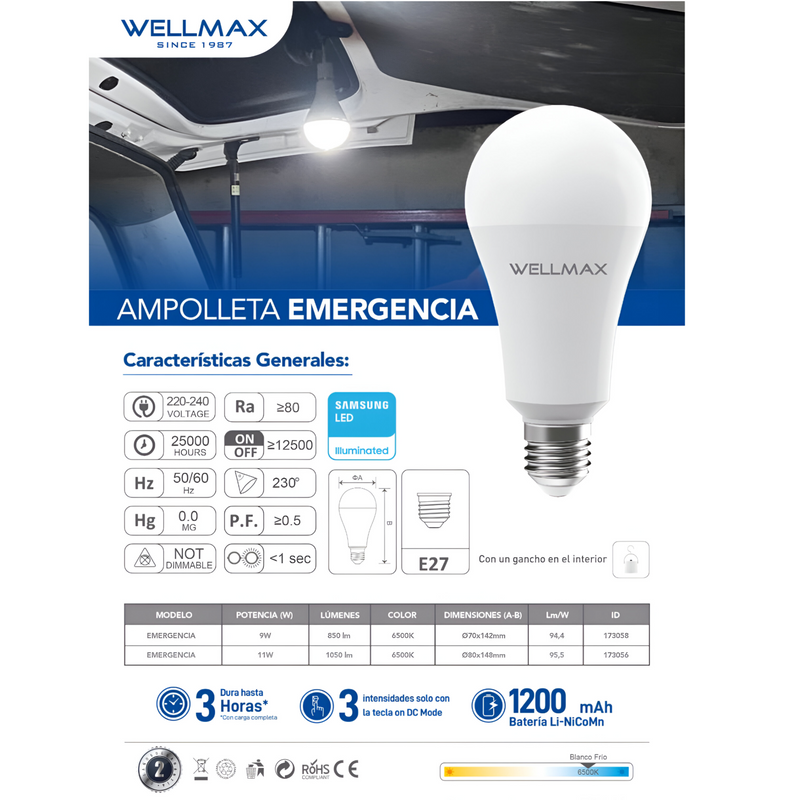 Ampolleta LED Recargable 11W con Chip LED Samsung Super Nova