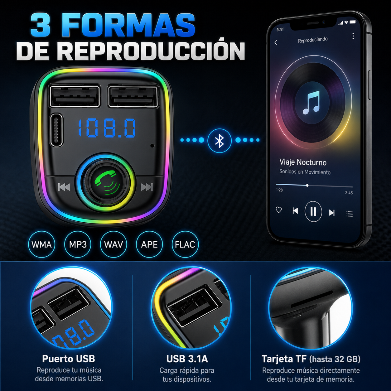 Transmisor FM Bluetooth + Puerto Quick Charge 20W 12/24V RGB