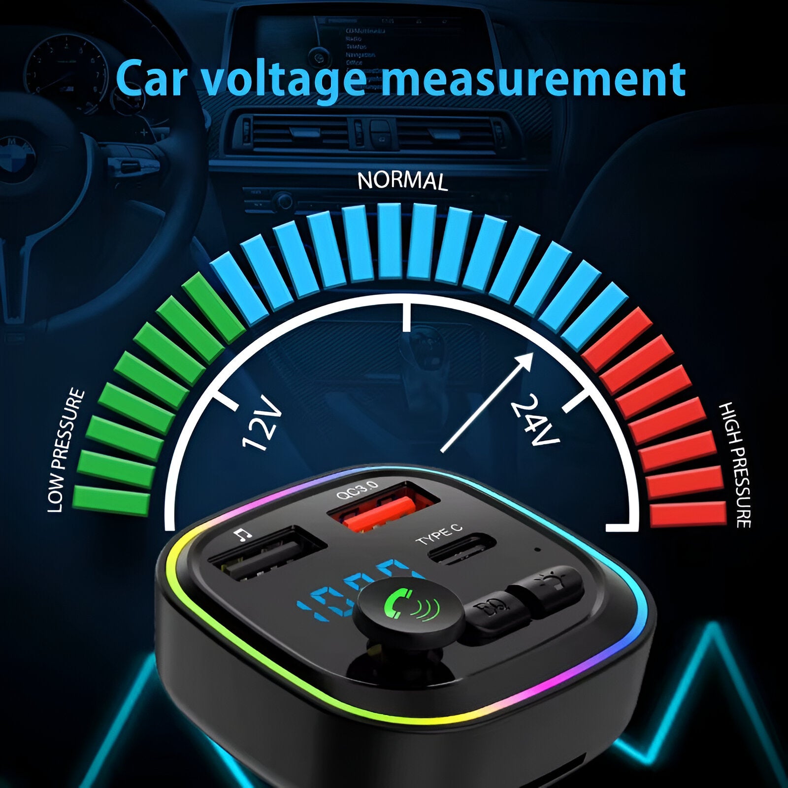 Transmisor FM Bluetooth + Puerto Quick Charge 20W 12/24V RGB