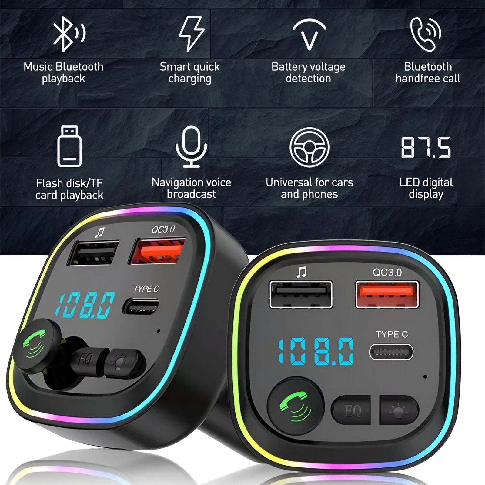 Transmisor FM Bluetooth + Puerto Quick Charge 20W 12/24V RGB
