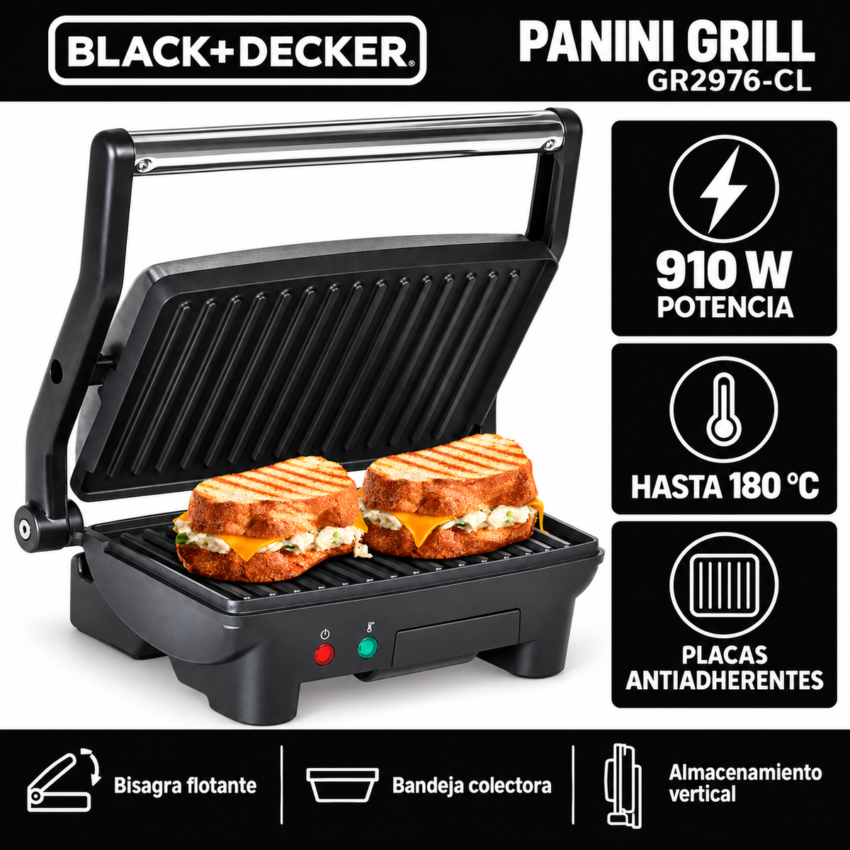 Panini Black + Decker 900W Placas Antiadherentes GR2976-CL