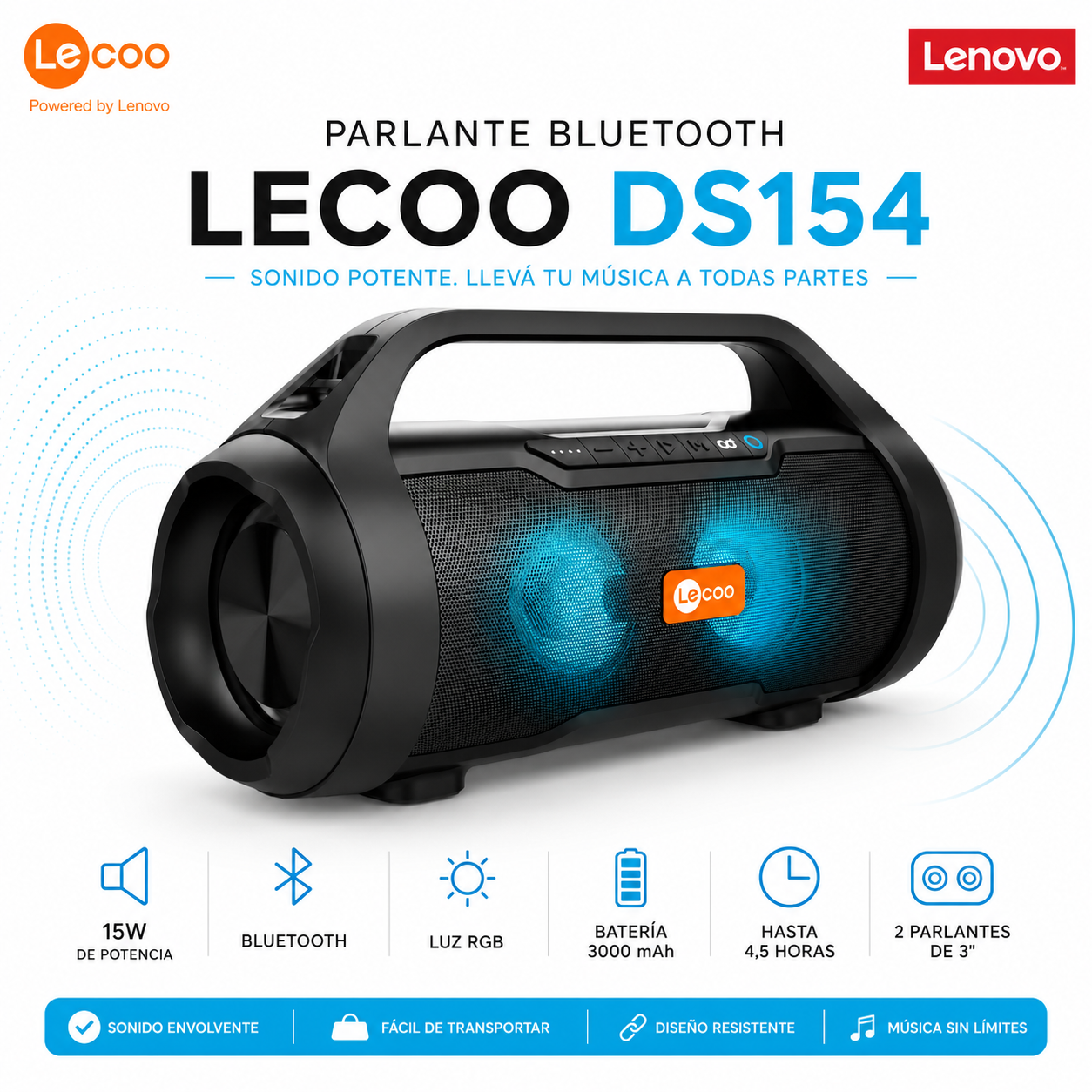 Parlante Portatil Lenovo Leco DS154 Bluetooth Retroiluminado
