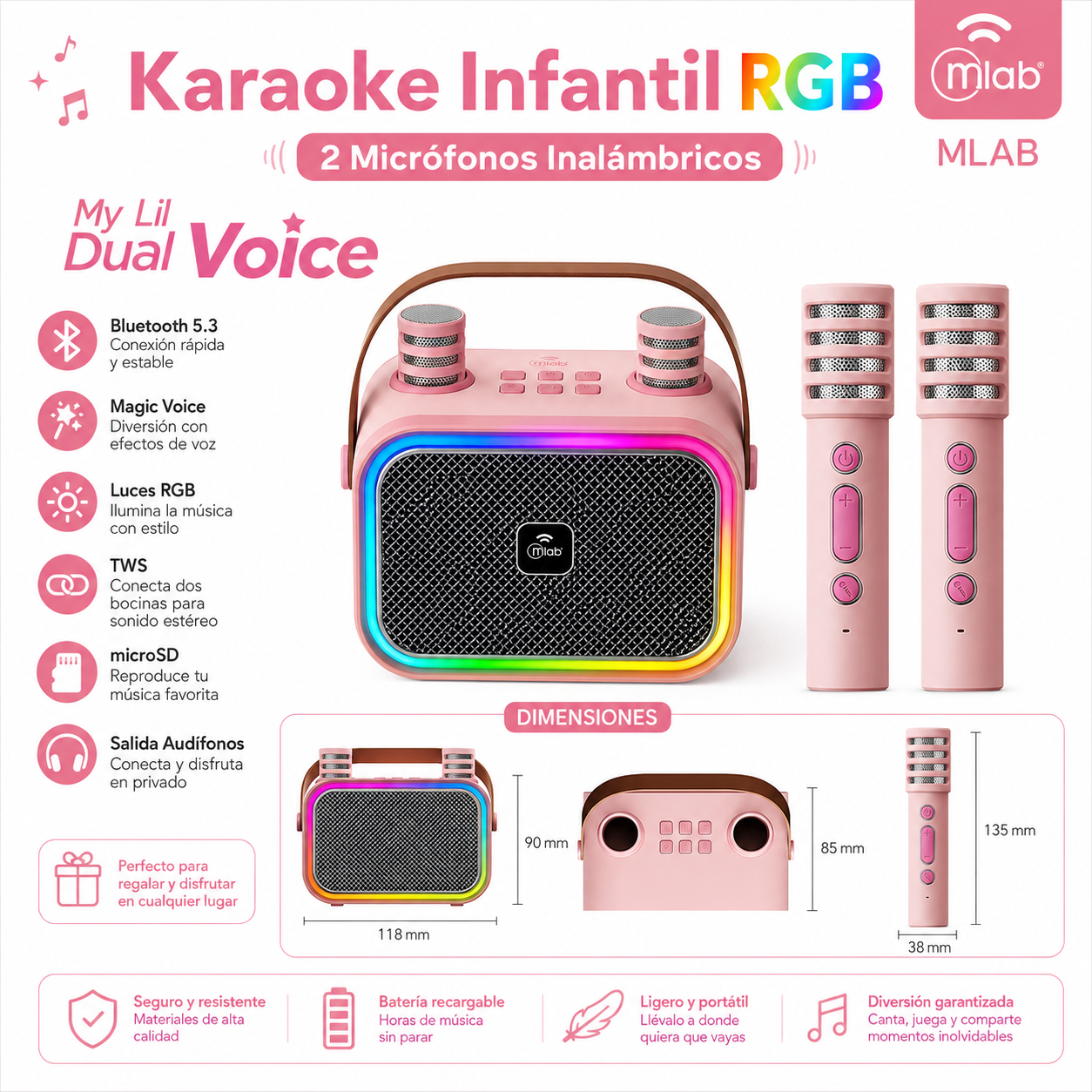 Karaoke Infantil RGB con 2 Micrófonos Inalámbricos Pink My Lil Dual Voice