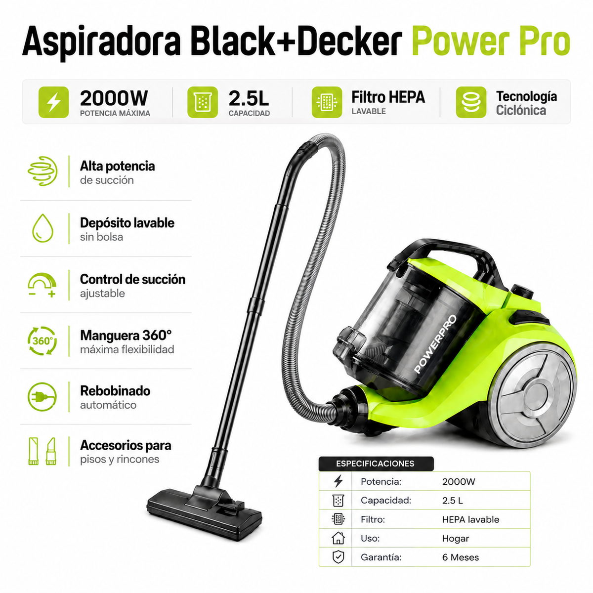 Aspiradora Black+Decker 2000W Power Pro Filtro Hepa VCBD8530