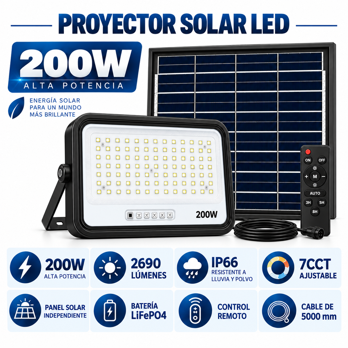 Proyector LED 200W con Panel Solar Independiente + Cable 5MT