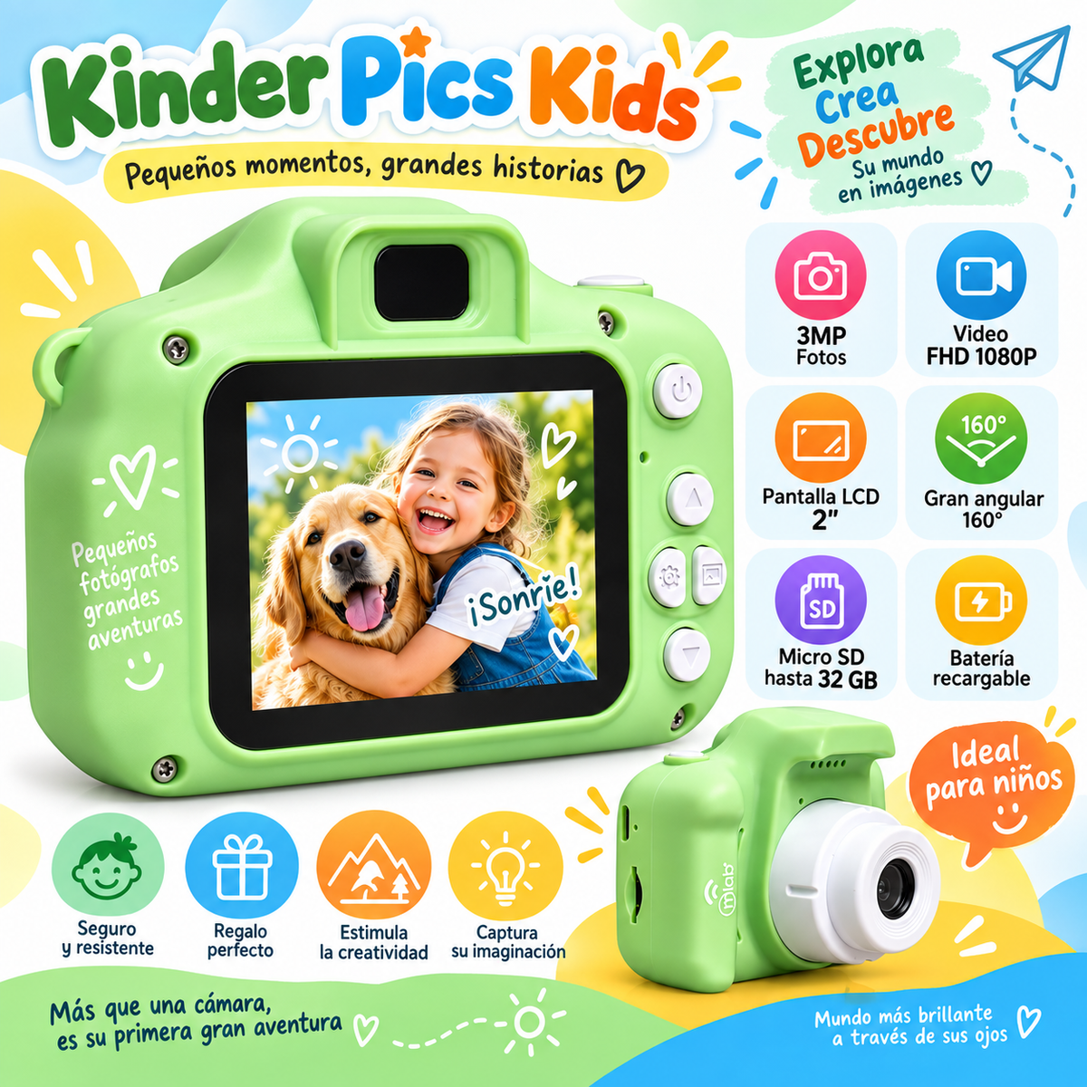 Cámara Digital Kinder Pics Kids  3MP/ FHD/ LCD 2" Recargable