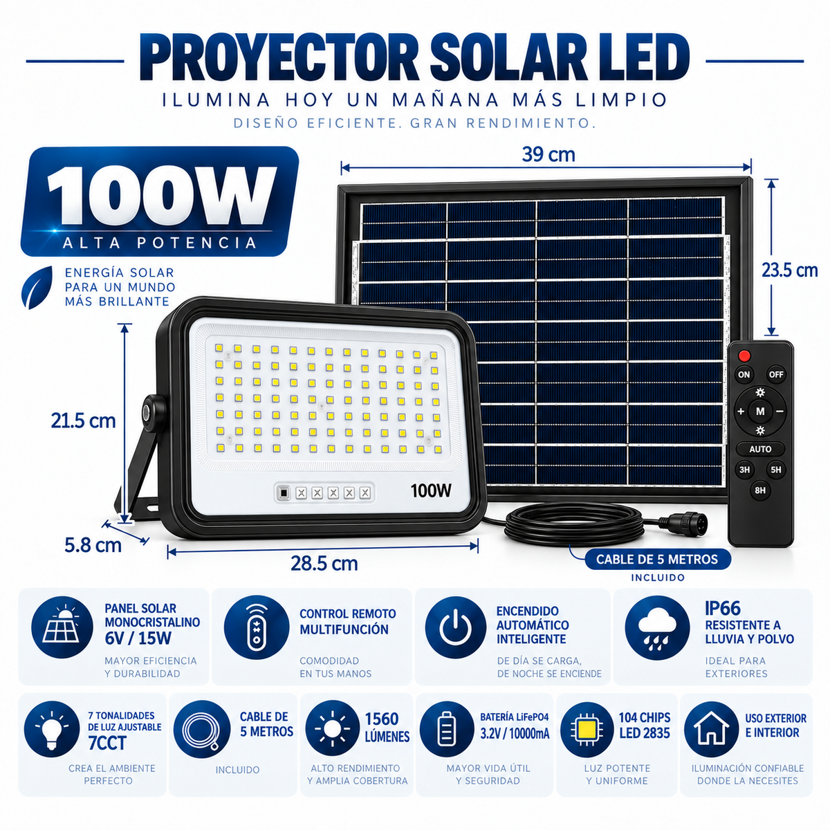 Proyector LED 100W con Panel Solar Independiente + Cable 5MT